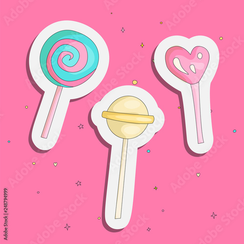Cute funny Girl teenager colored icon set sticker lollipops, fashion cute teen and princess icons. Magic fun cute patch girls lollipops hand draw teens icon collection.