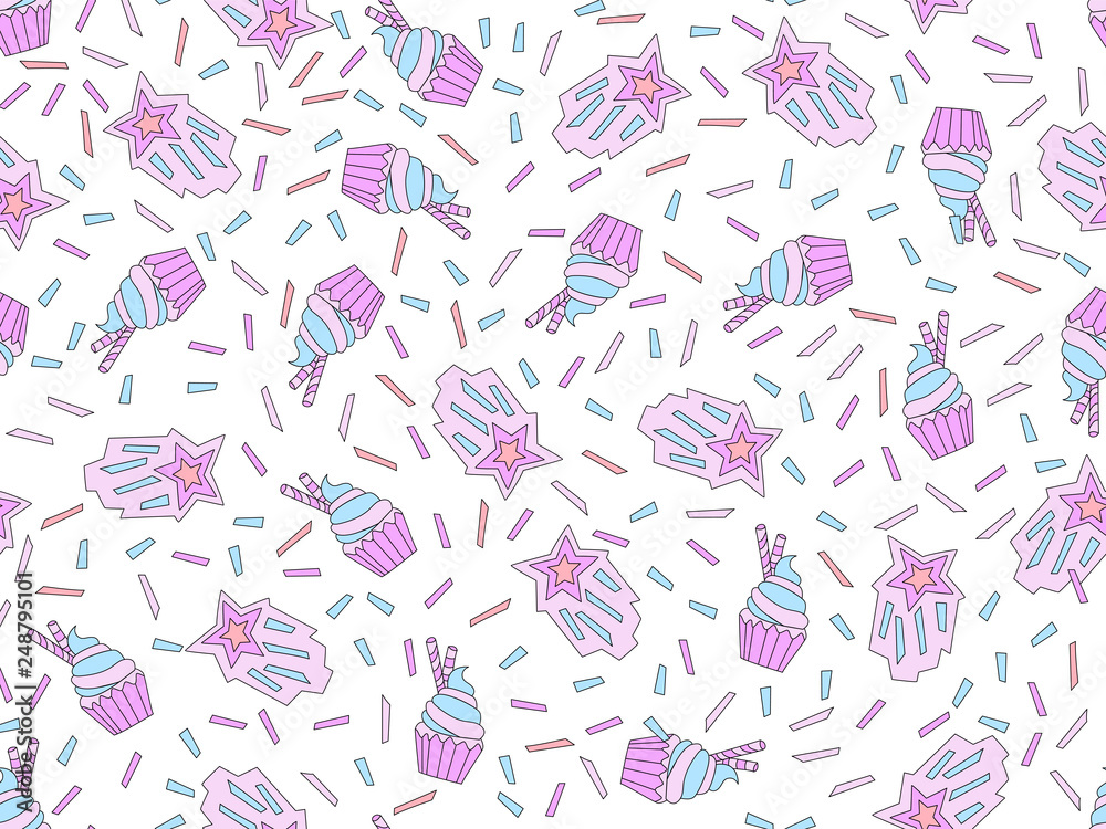 Funny cute cartoon seamless pattern with sweet blue and pink cupcakes, confetti and decoration. Endless cute pattern with sweet cup cake on white background. Blue cream cupcakes colored seamless