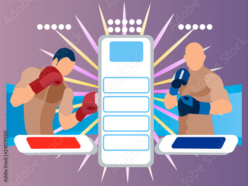 Two participants in the fight. The presentation of the boxers. Scoreboard in minimalist style. Flat isometric vector