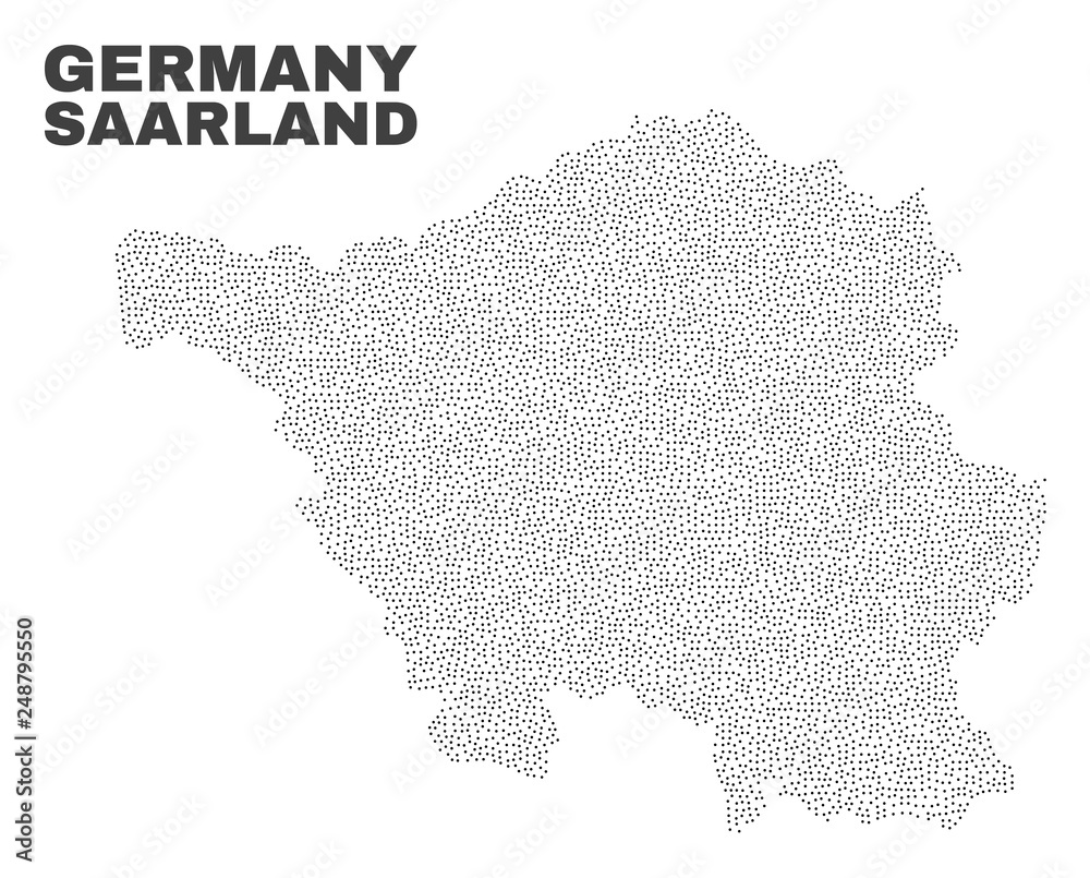 Saarland Land map designed with small dots. Vector abstraction in black color is isolated on a white background. Scattered small dots are organized into Saarland Land map.