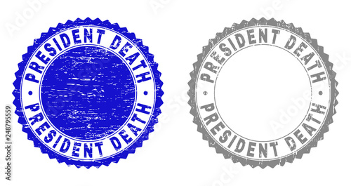 Grunge PRESIDENT DEATH stamp seals isolated on a white background. Rosette seals with grunge texture in blue and gray colors. Vector rubber stamp imprint of PRESIDENT DEATH label inside round rosette.