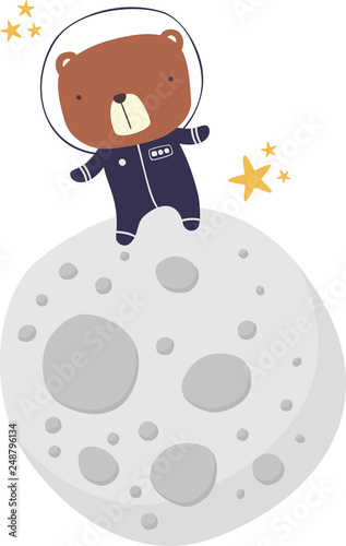 cute bear in astronaut suit walking on the moon isolated on white. drawn style illustration. can be used for nursery decoration, design for baby and kids