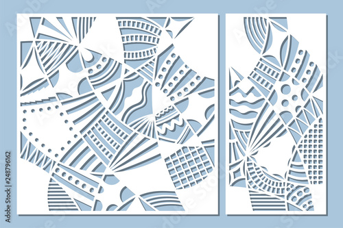 Set decorative card for cutting. Doodle line pattern. Laser cut panel. Ratio 1:1, 1:2. Vector illustration.
