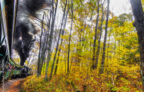 An old vintage train with thick black smoke making its way through the forest in West Virginia, with beautiful fall colors and foliage. Shot near Cass, WV, USA. photo