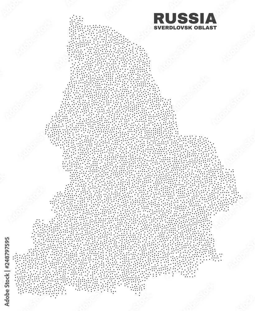 Sverdlovsk Region map designed with tiny dots. Vector abstraction in black color is isolated on a white background. Scattered tiny points are organized into Sverdlovsk Region map.
