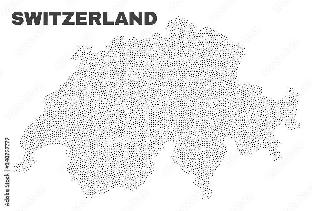 Switzerland map designed with tiny dots. Vector abstraction in black color is isolated on a white background. Scattered small dots are organized into Switzerland map.