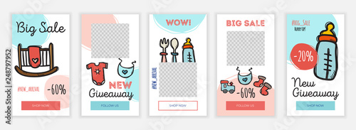 Creative baby goods social media stories design template in doodle hand drawn style. Cute banner elegant set. Web templates for online networks for shop, blog and personal use. App screens 