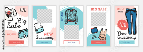 Creative beauty social media stories design template in doodle hand drawn style. Cute banner elegant set. Web templates for online networks for shop, blog and personal use. App screens 