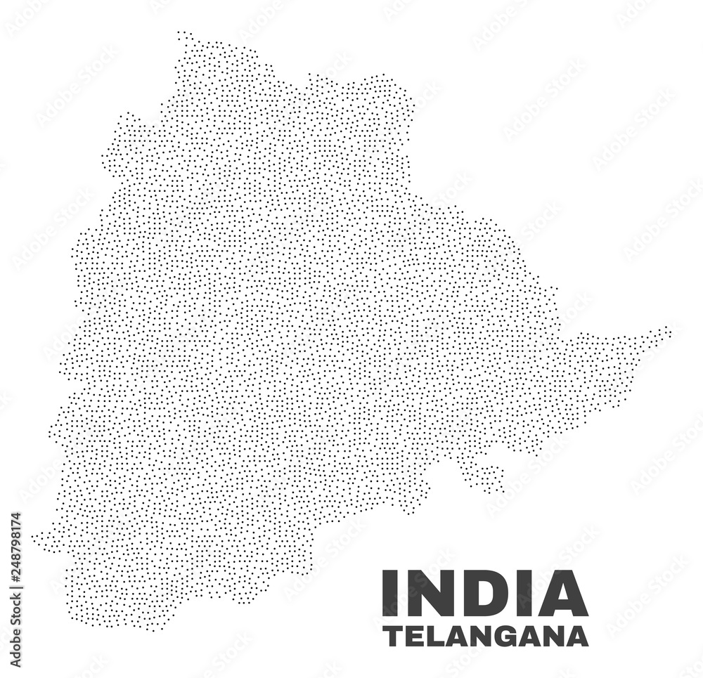 Telangana State map designed with small dots. Vector abstraction in black color is isolated on a white background. Random small dots are organized into Telangana State map.