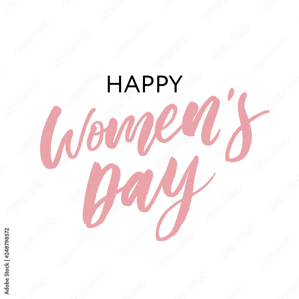 Fototapeta premium Woman s Day text design with flowers and hearts on square background. Vector illustration. Woman s Day greeting calligraphy design in pink colors. Template for a poster, cards, banner.
