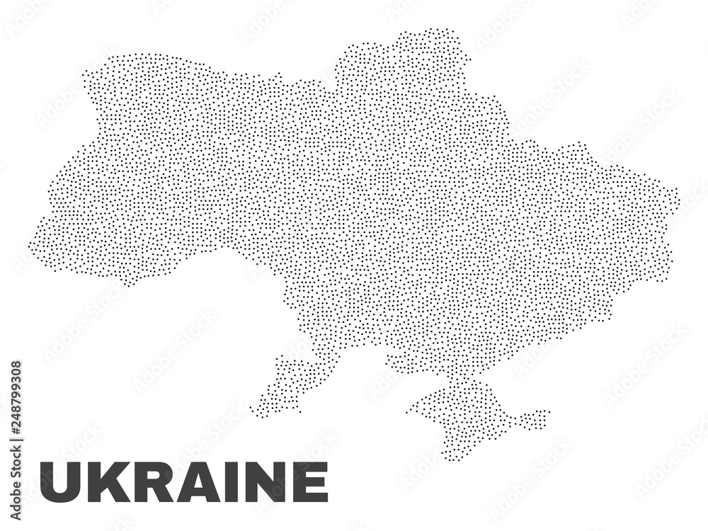 Ukraine map designed with tiny points. Vector abstraction in black color is isolated on a white background. Scattered tiny points are organized into Ukraine map.