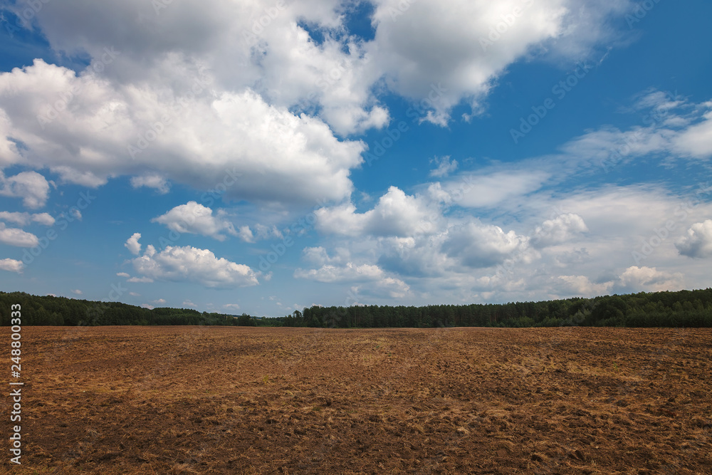 Land of a plowed field against a blue sky with clouds