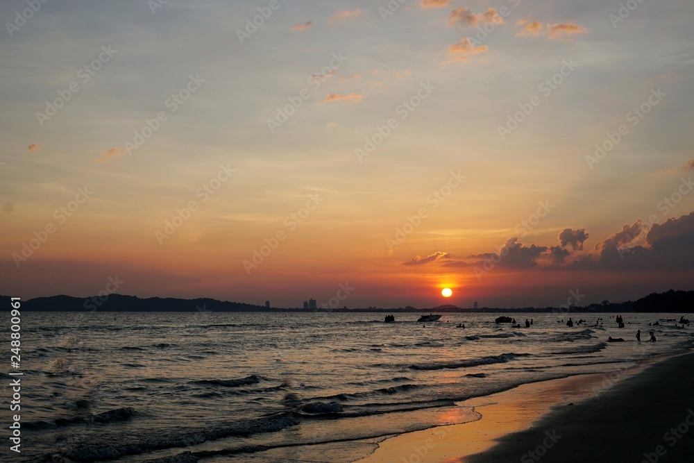 Beautiful nature of blue sky and clouds with sunset on sea in the evening, Many tourists visit here, View for seascape, Space for text in template, Travel concept Beautiful nature of blue sky and clouds with sunset on sea in the evening, Many tourists visit here, View for seascape, Space for text in template, Travel concept