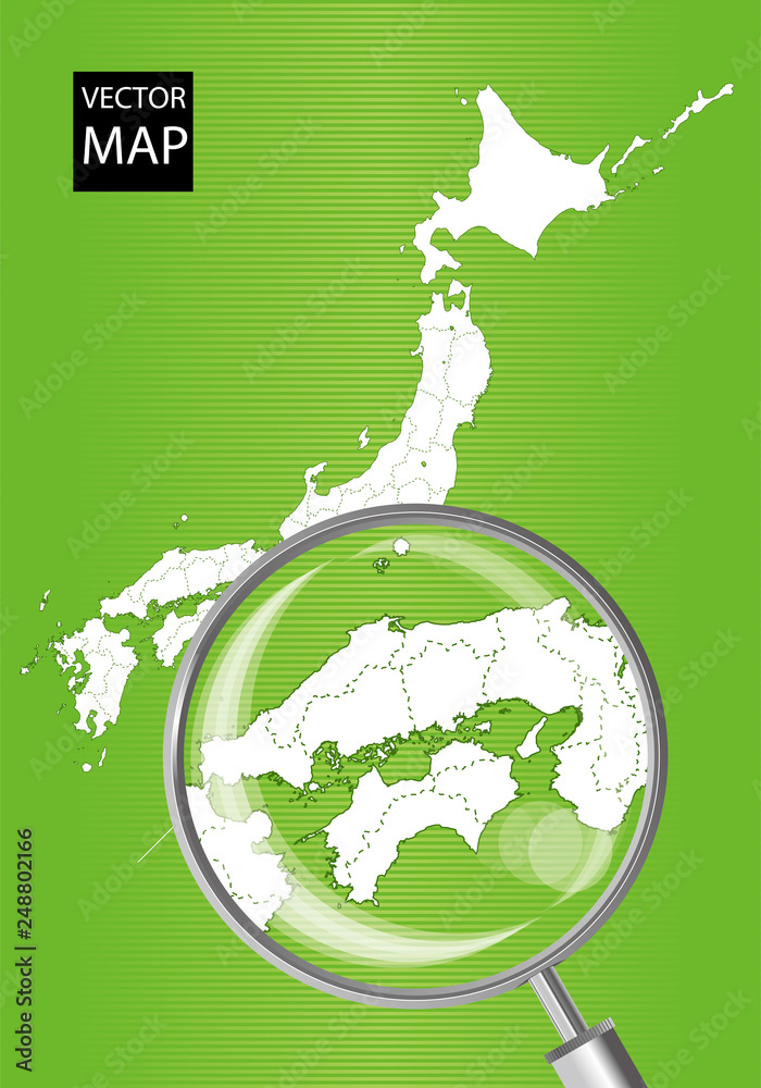 日本地図 緑 虫眼鏡で拡大された四国 中国 山陰地方の地図 日本列島 ベクターデータ Stock ベクター Adobe Stock