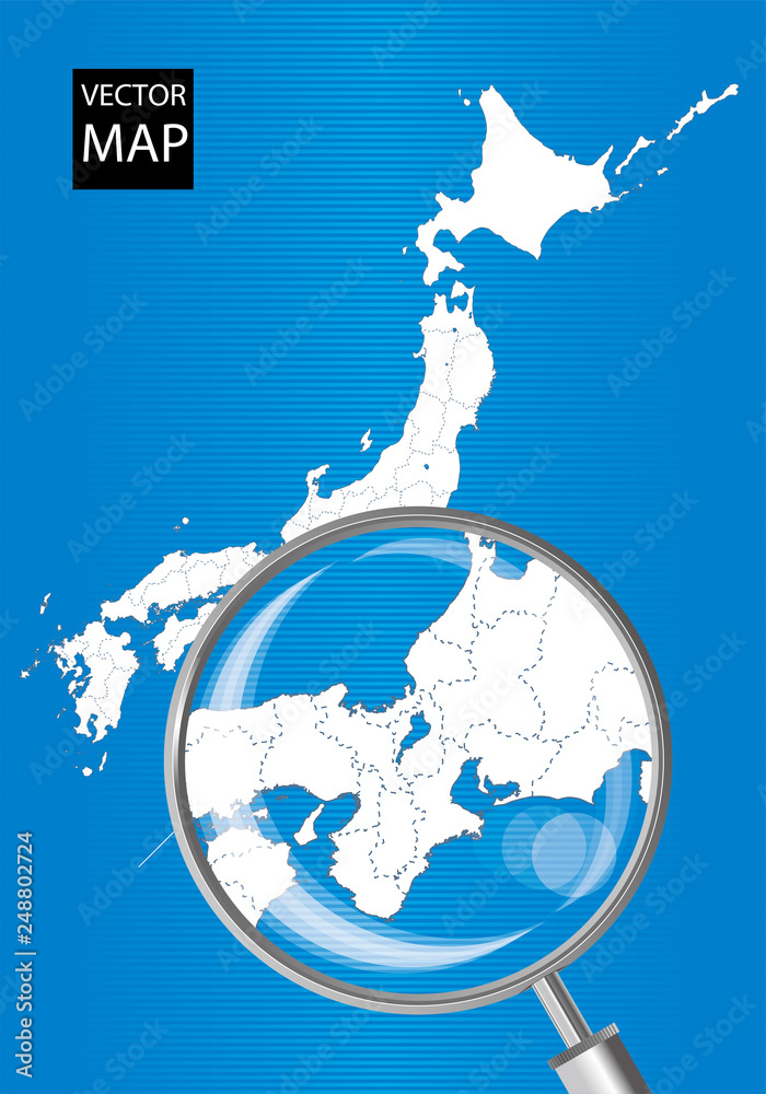 日本地図 青 虫眼鏡で拡大された東海 関西地方の地図 日本列島 ベクターデータ Stock Vector Adobe Stock