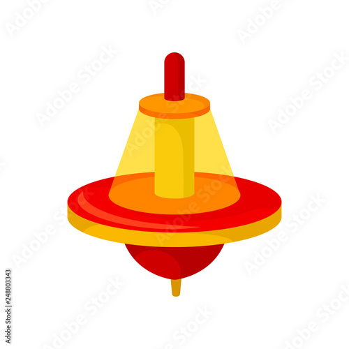 Flat vector icon of red-orange whirligig with plastic transparent dome. Humming top. Children spinning toy