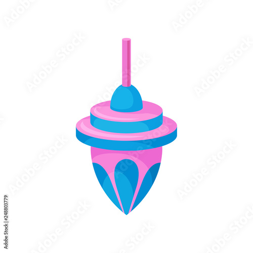 Pear-shaped spinning top. Plastic whirligig in blue-pink colors. Children toy. Item for kids game. Flat vector icon