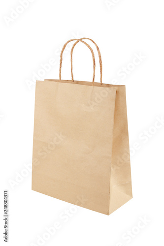 Brown paper shopping bag isolated on white background