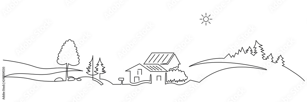 Rural landscape continuous one line vector drawing - obrazy, fototapety, plakaty 