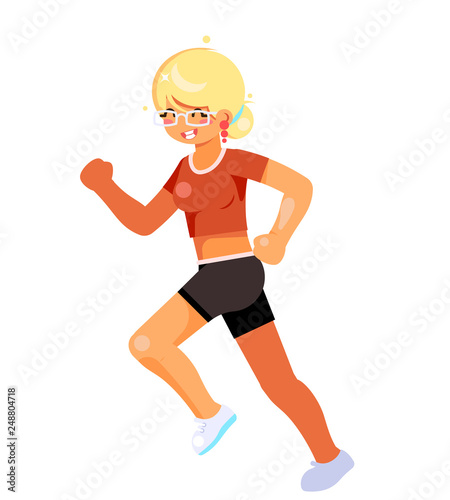Cute girl health care running fitness cartoon woman isolated on white character design vector illustration