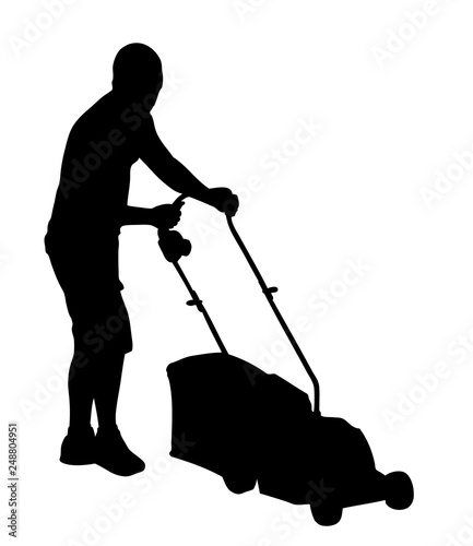 Man cutting the grass with lawnmower silhouette