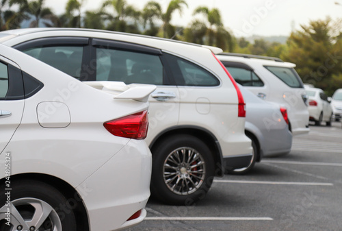 Closeup of back or rear side of white car and other cars parking in parking area with natural background.  © Amphon