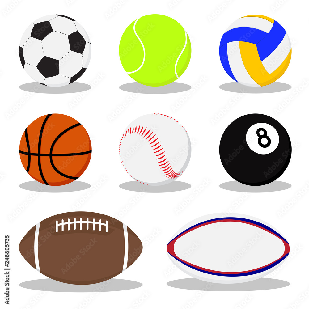 Collection of sports balls. soccer, football, tennis, baseball, basketball, rugby, american football, volleyball. Flat design vector illustration icon