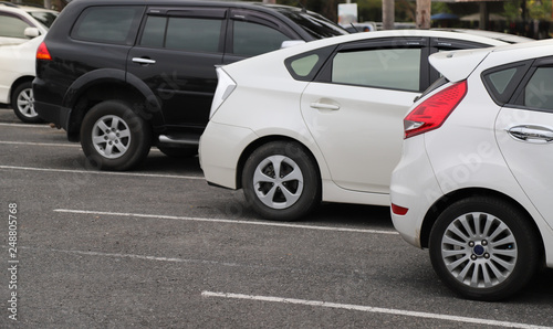 Closeup of back or rear side of white car and other cars parking in parking area with natural background. 