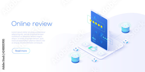 Online review concept in isometric vector illustration. Customer survey or reputation rating via mobile internet on smartphone. User feedback service on product or app. Web banner layout template.