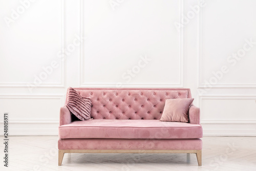 Modern living-room minimalistic interior with pink sofa near empty white wall. - Image
