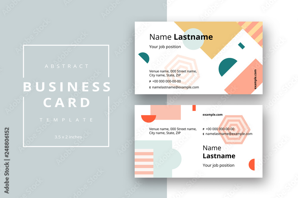 Trendy minimal abstract business card template. Modern corporate stationery id layout with geometric pattern. Vector fashion background design with information sample name text. Trendy minimal abstract business card template. Modern corporate stationery id layout with geometric pattern. Vector fashion background design with information sample name text.