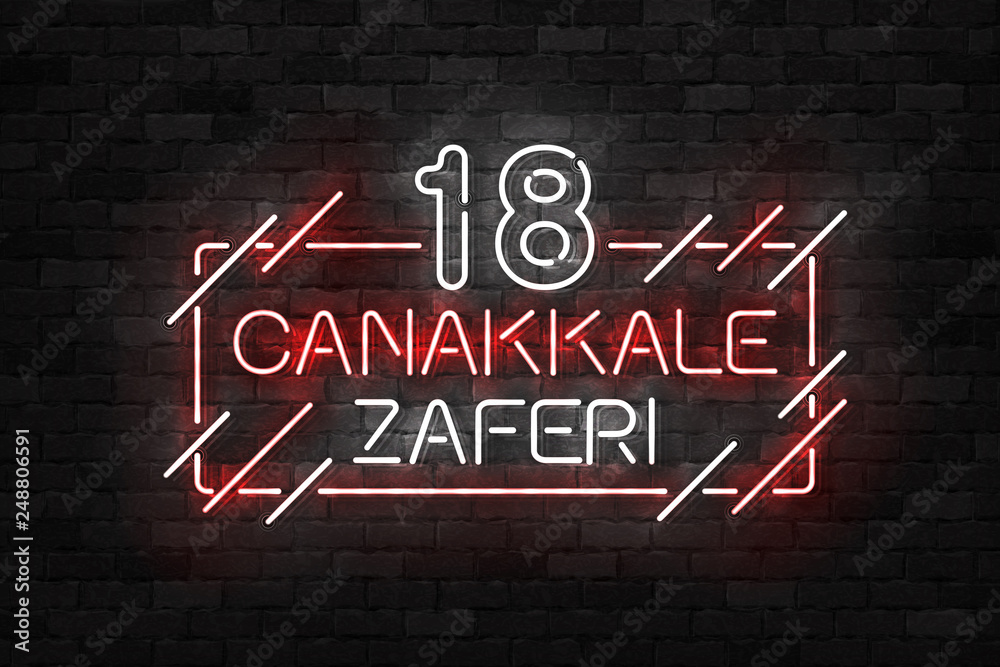 Obraz premium Vector realistic isolated neon sign of 18 Canakkale Zaferi logo for template decoration and layout covering on the wall background. Translation: Victory Canakkale Day in Turkey.