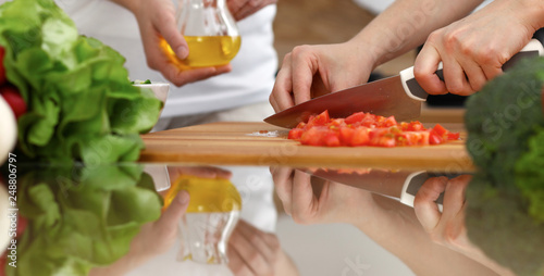 Closeup of human hands cooking in kitchen. Mother and daughter or two female friends cutting vegetables for fresh salad. Friendship, family dinner and lifestyle concepts