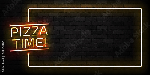 Vector realistic isolated neon sign of Pizza Time frame logo for decoration and covering on the wall background. Concept of restaurant, cafe and italian food.