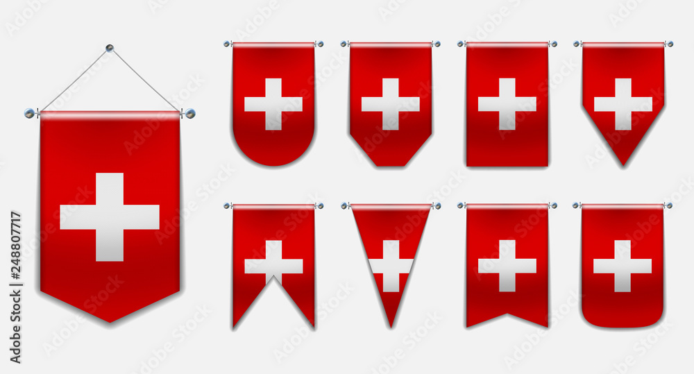 Obraz premium Set of hanging flags of the SWITZERLAND with textile texture. Diversity shapes of the national flag country. Vertical Template Pennant for background, banner, web, logo,award, achievement, festival.