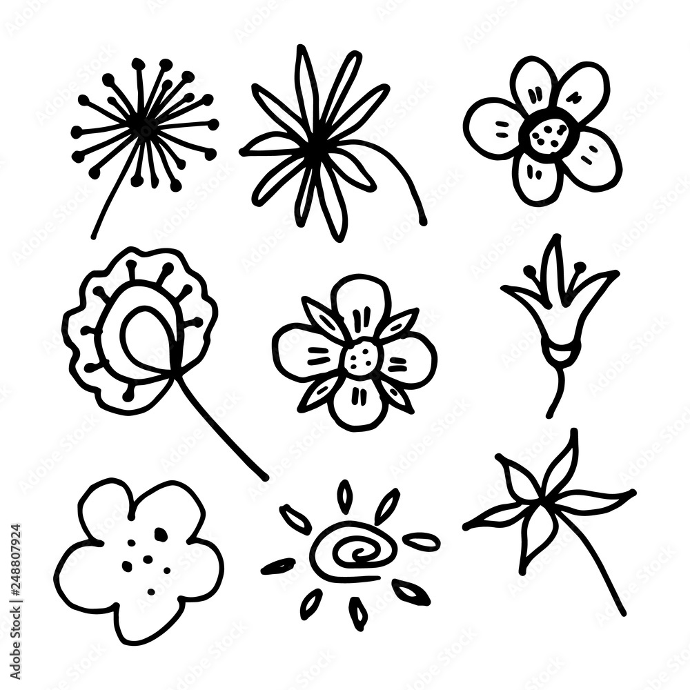 Simple hand drawn flowers in doodle style. Simple hand drawn flowers in doodle style.