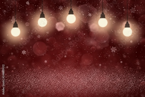 red beautiful shining glitter lights defocused bokeh abstract background with light bulbs and falling snow flakes fly, festive mockup texture with blank space for your content