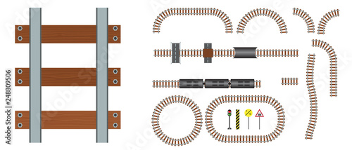 Vector railroad and railway tracks construction elements. Wavy trackway structure for traffic train illustration