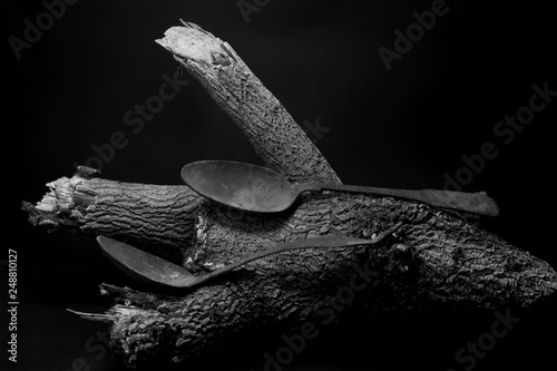 Spoon and dish on timber on black background for art decoration.