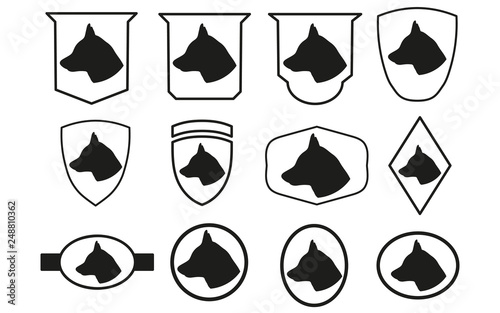 A set of emblems with a dog. Black silhouette of dog head. The German Shepherd. Vector illustration.