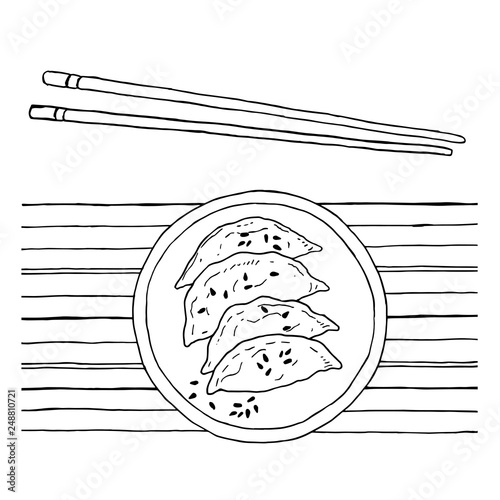Jiaozi and sesame with chopsticks and bamboo mat - Chinese dumpling, vector black and white illustration for coloring