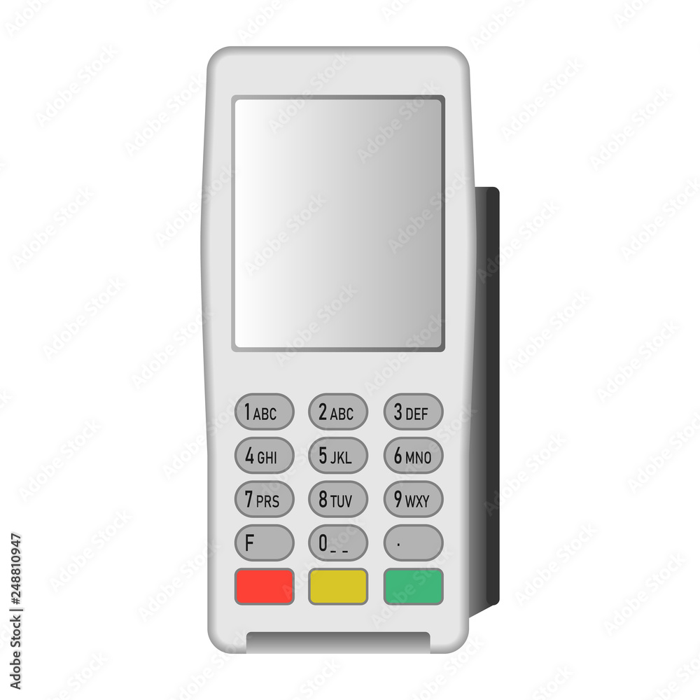 White pos terminal icon. Realistic illustration of white pos terminal vector icon for web design isolated on white background White pos terminal icon. Realistic illustration of white pos terminal vector icon for web design isolated on white background