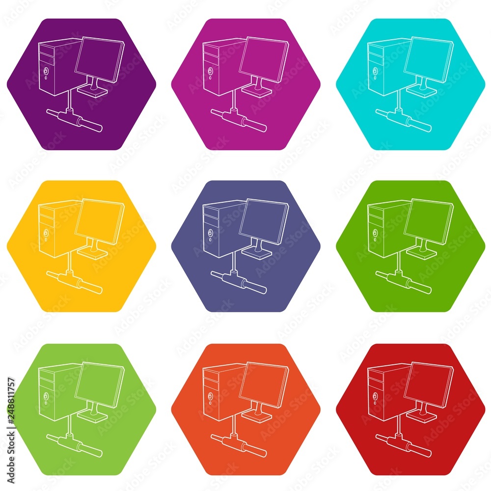 Computer monitor and cpu unit icons 9 set coloful isolated on white for web