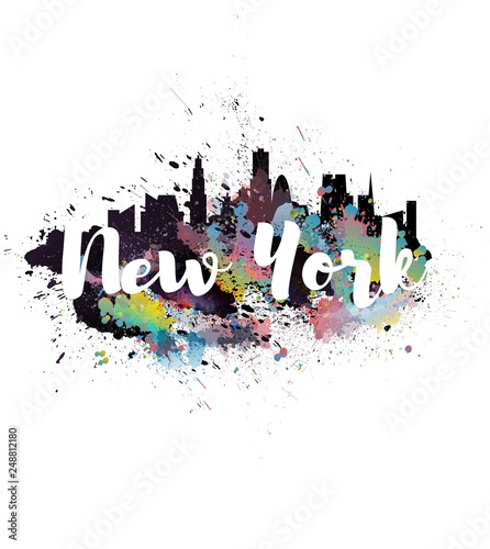 New York grunge cityscape with lettering. Brigh splashes over sityscape silhouette