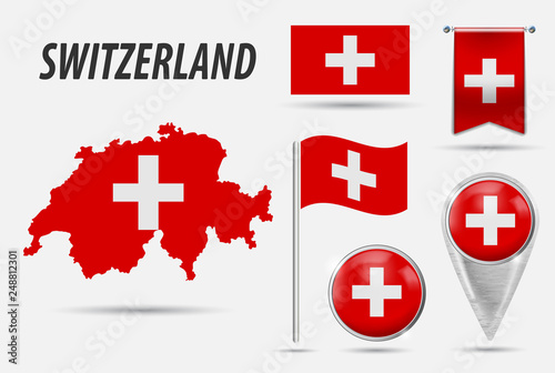 SWITZERLAND. Set flag, map pointer, button, waving flag, symbol, flat icon and map in the colors of the flag. Vector illustration of collection of national symbols on various objects. Vector EPS 10.