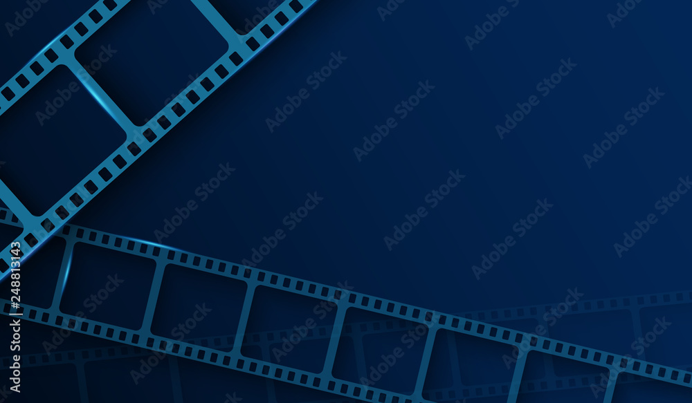 Background with film strip frame isolated on blue background. Design template cinema with space for your text. Movie and film modern poster background. Vector cinema banner, flyer, brochure, leaflet.
