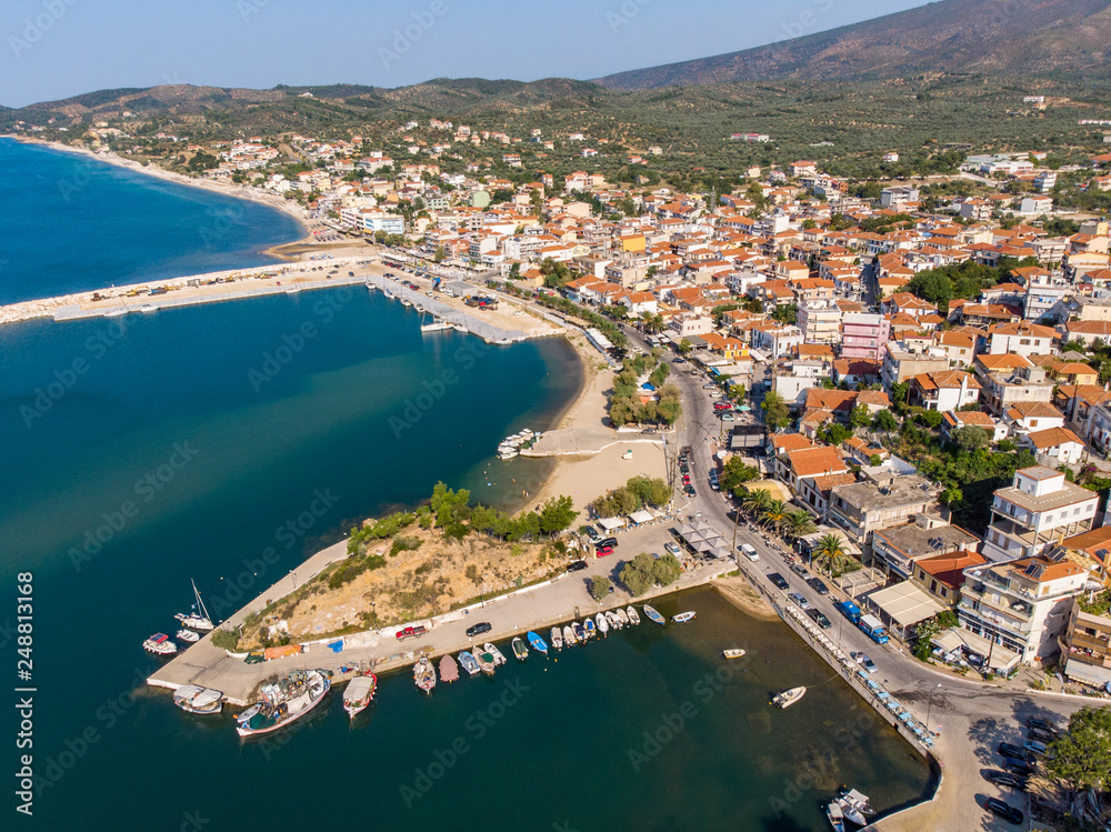Aerial view panoramic postcard of Thasos Limenaria City, Greece