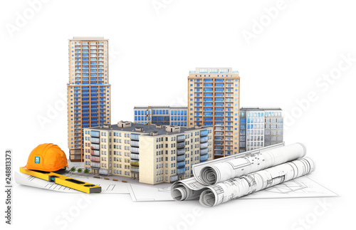 Architecture. High-rise buildings on the drawings, isolated on white background. 3d illustration