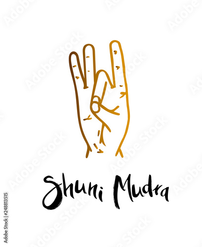 Shuni Mudra - gesture in yoga fingers. Symbol in Buddhism or Hinduism concept.Mudra breeds awareness of our inner divine "I" and contributes to life in the moment  Vector illustration.
