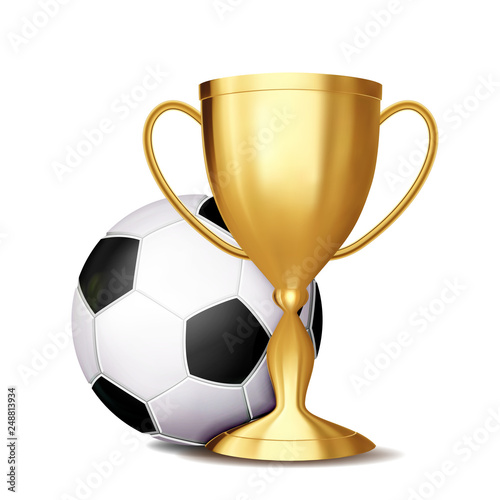 Soccer Award Vector. Football Ball, Golden Cup. For Sport Promotion. Tournament, Championship Flyer Design. Football Club, Academy. Invitation Element Illustration